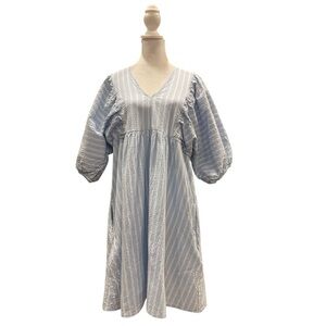A New Day L Blue White Textured Cotton Babydoll Midi Dress Cottagecore